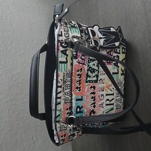 Karl Lagerfeld White/Black/Pastel Signature Print Crossbody Bag with Key Chain